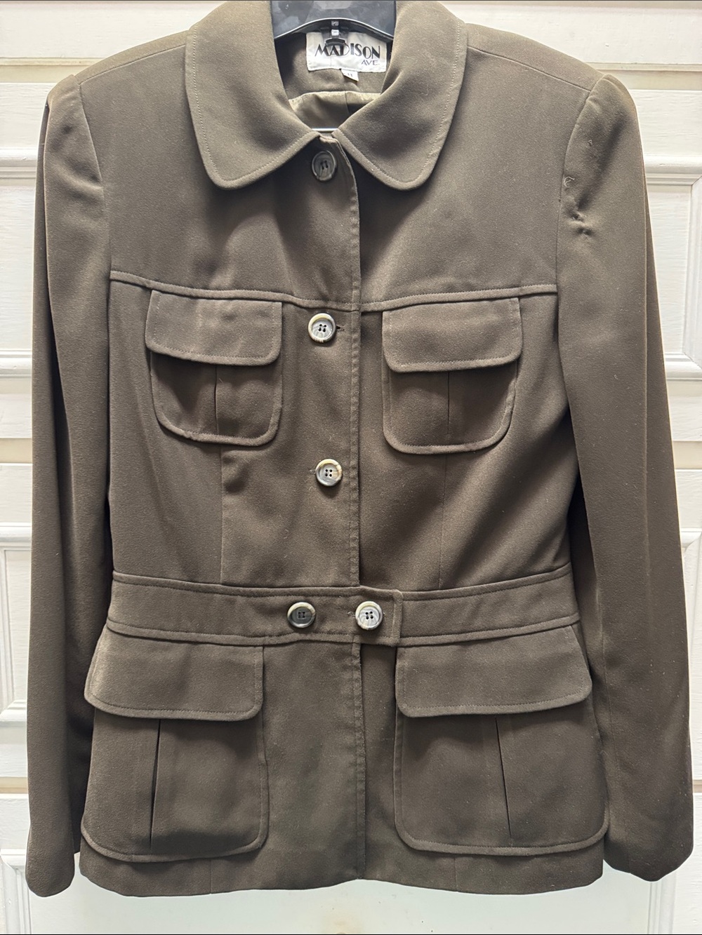 Madison Olive Brown Utility Jacket with Flap Pockets skirt suit